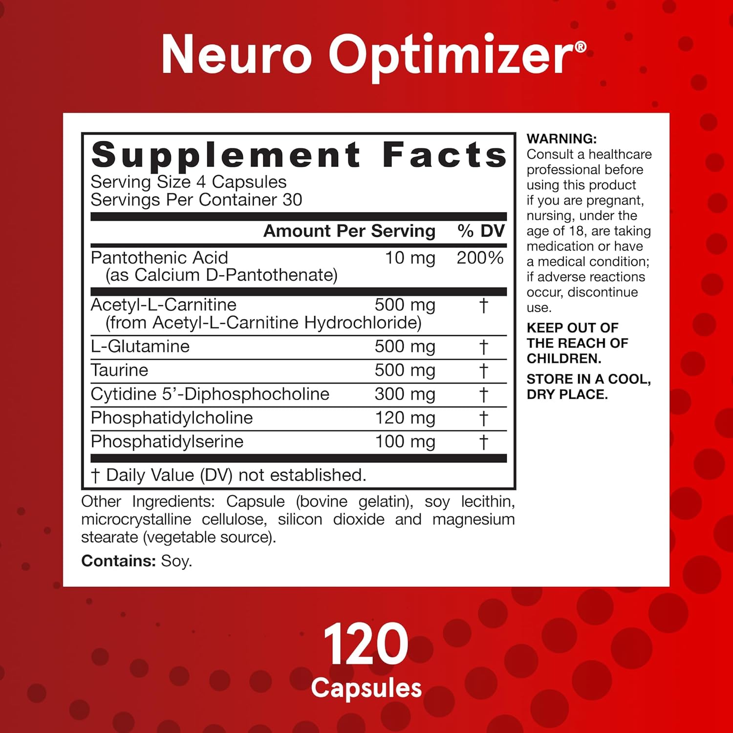 Jarrow Formulas Neuro Optimizer supplement facts ingredients capsules 120 count