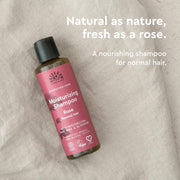 Urtekram Moisturising Rose Shampoo, shampoo bottle packaging, rose fragrance, 250ml, product information