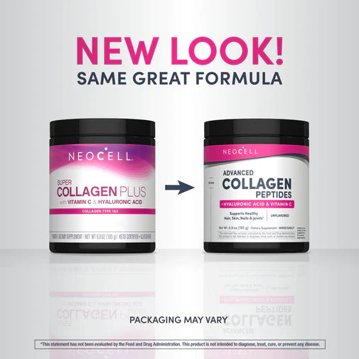 NeoCell Super Collagen Plus canister with Vitamin C and Hyaluronic Acid 195g, unflavored collagen powder supplement on white background. Old & new pacakging.