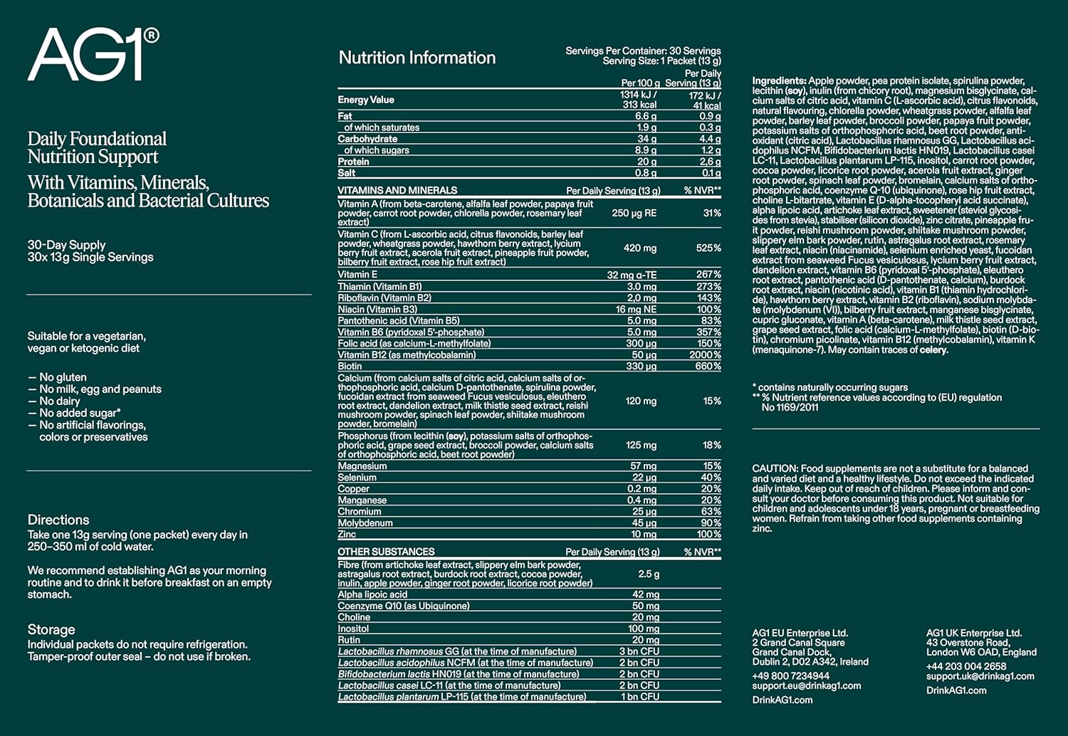AG1 Greens Powder Supplement stick packs pineapple vanilla 5 x 13g supplement facts and ingredients panel