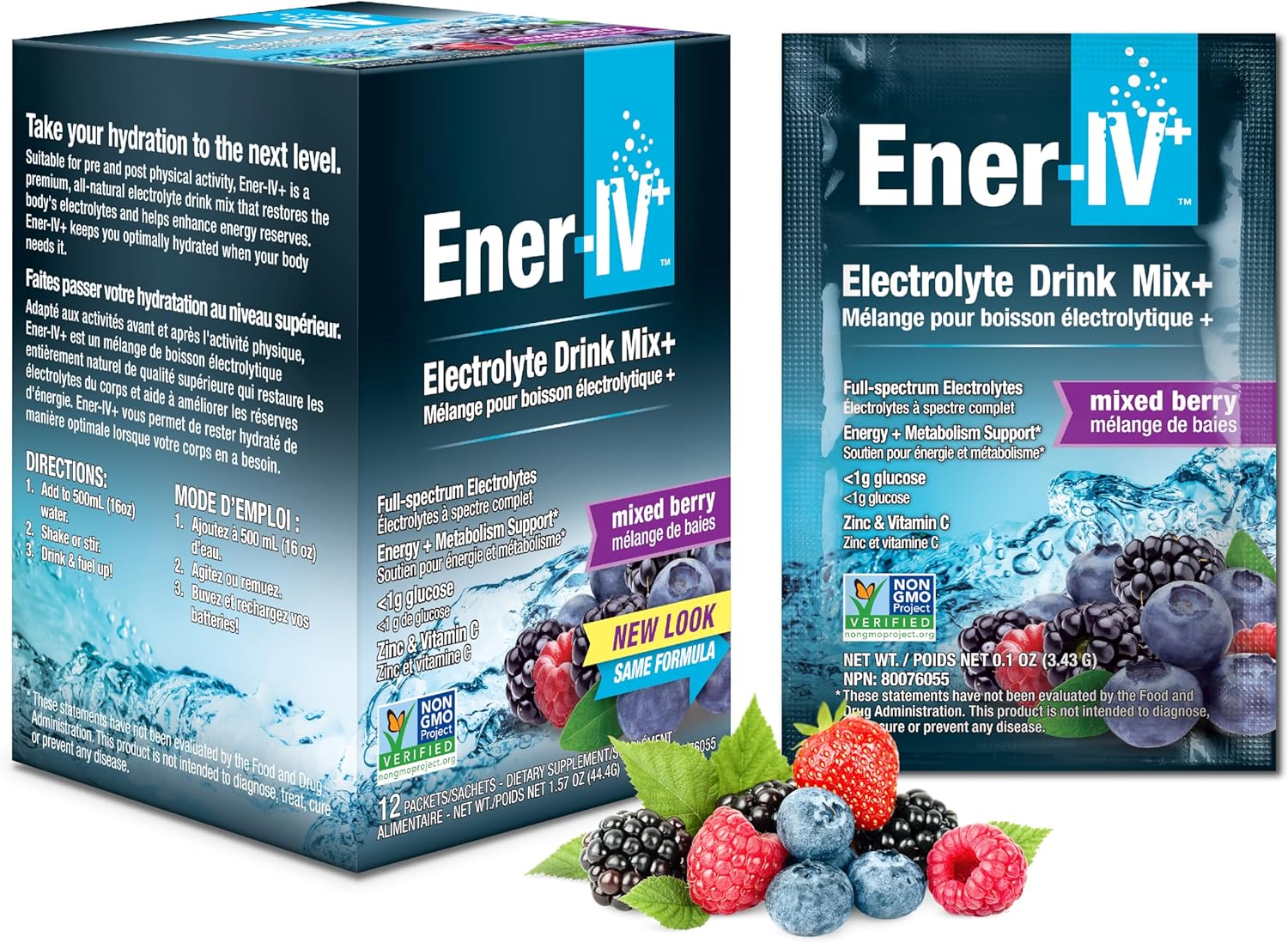 Ener-IV electrolyte drink mix powder mixed berry sachets pack 12 sachets on white background