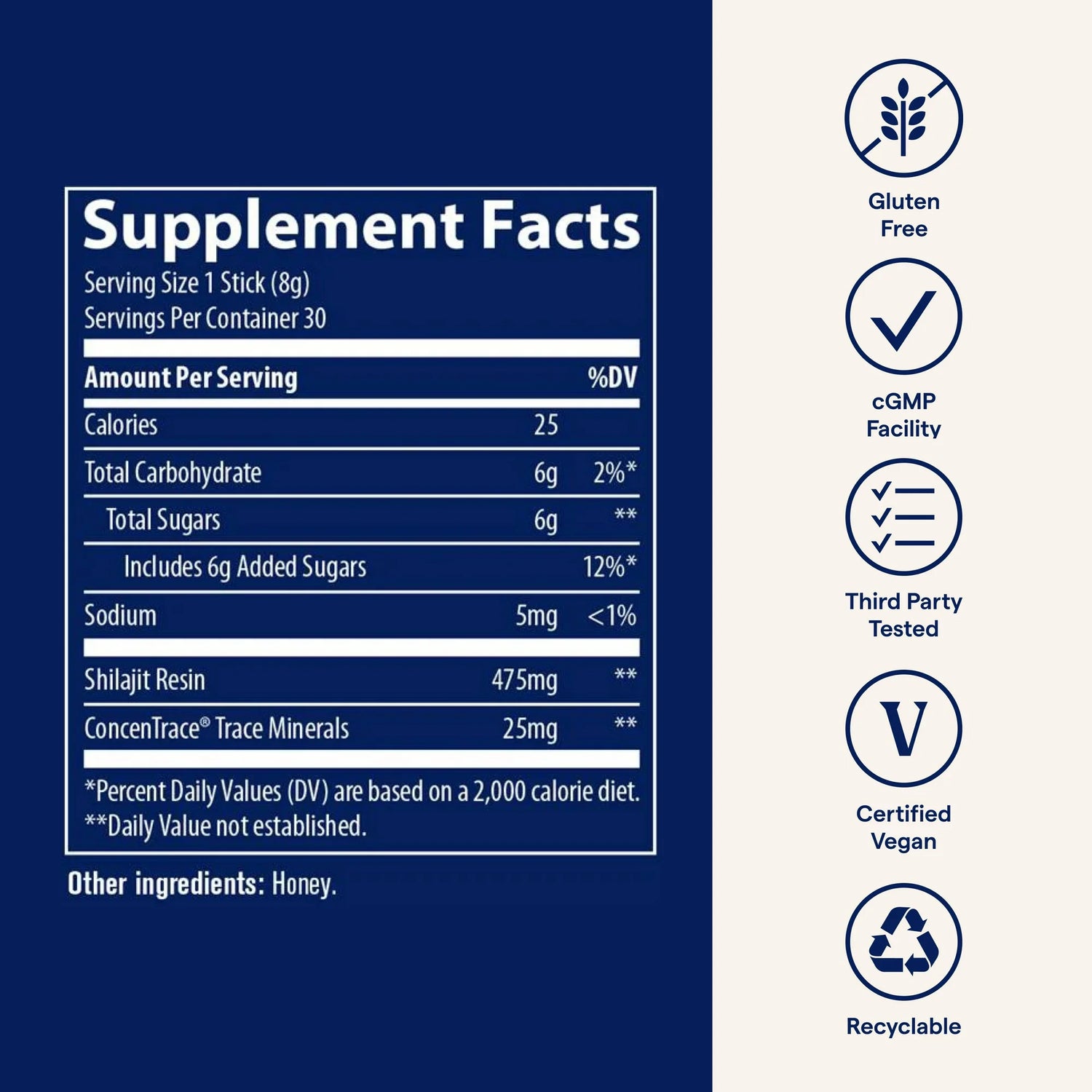 Trace Minerals Shilajit Resin Honey Sticks 30 sticks supplement facts and ingredients panel