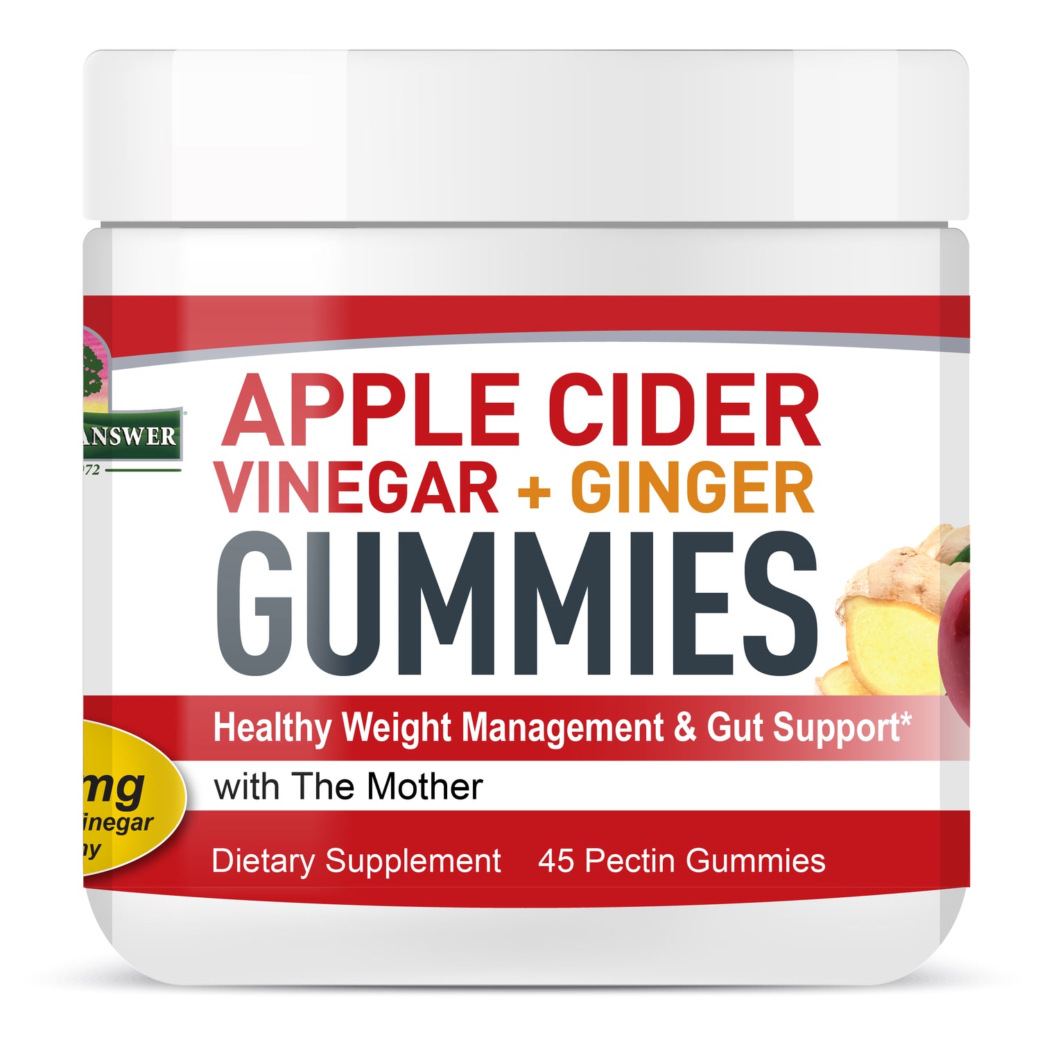 Nature's Answer Apple Cider Vinegar and Ginger Gummies 45 count front label