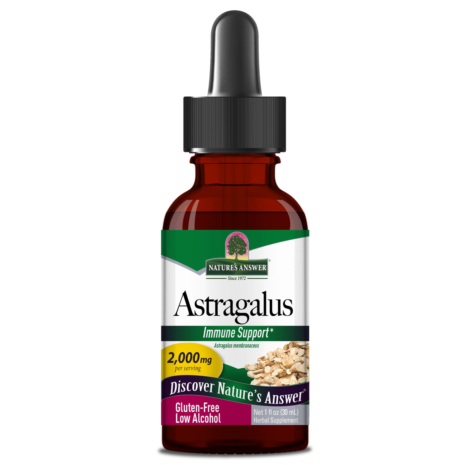 Nature’s Answer Astragalus root liquid extract low alcohol 2000mg 30ml bottle front view on a white background