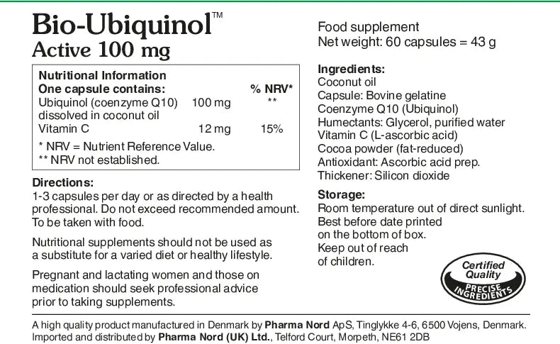 Pharma Nord Bio-Ubiquinol Active 100mg, food supplement softgel capsule box packaging, no flavour,  capsules, ingredients and nutritional information
