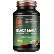 The Good Guru Black Maca and Ginseng supplement bottle, 90 capsules, on white background.