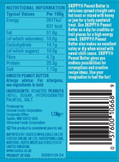 Skippy Smooth peanut butter ingredients nutrition label jar 1.13kg