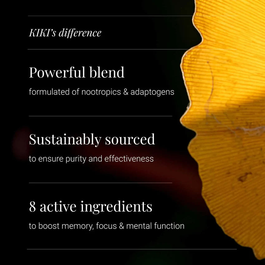 Supplement facts & ingredients image: KIKI Health Cognitive nootropic adaptogen blend ingredient panel bottle 60 count