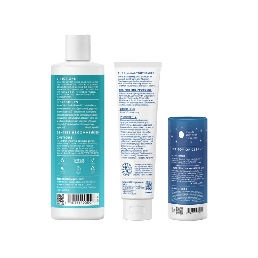 Back of Essential Oxygen oral care kit showing supplement facts, ingredients, and usage instructions.