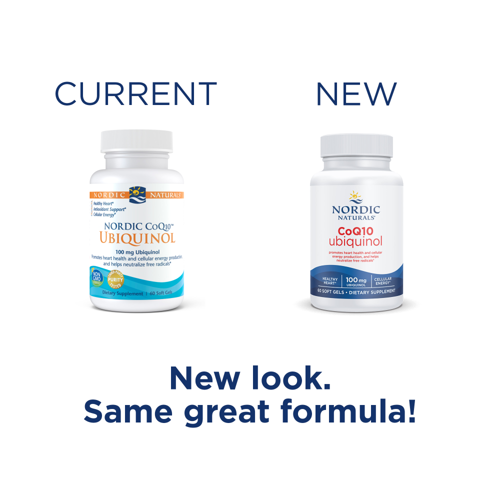 Nordic Naturals Nordic CoQ10 Ubiquinol 100mg 60 soft gel supplement bottle. Old & new packaging.