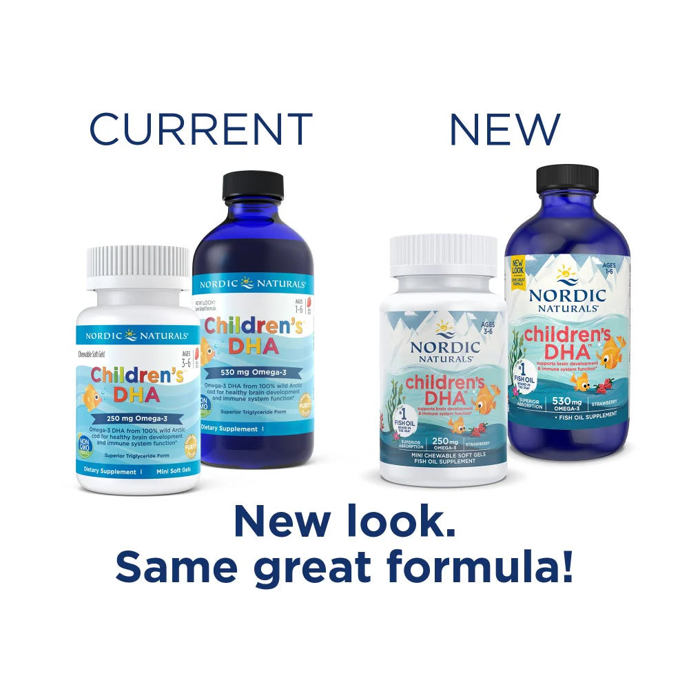 Nordic Naturals Children's DHA Fish Oil - 530mg Omega-3 - Liquid Strawberry Flavour. Old & new packaging.