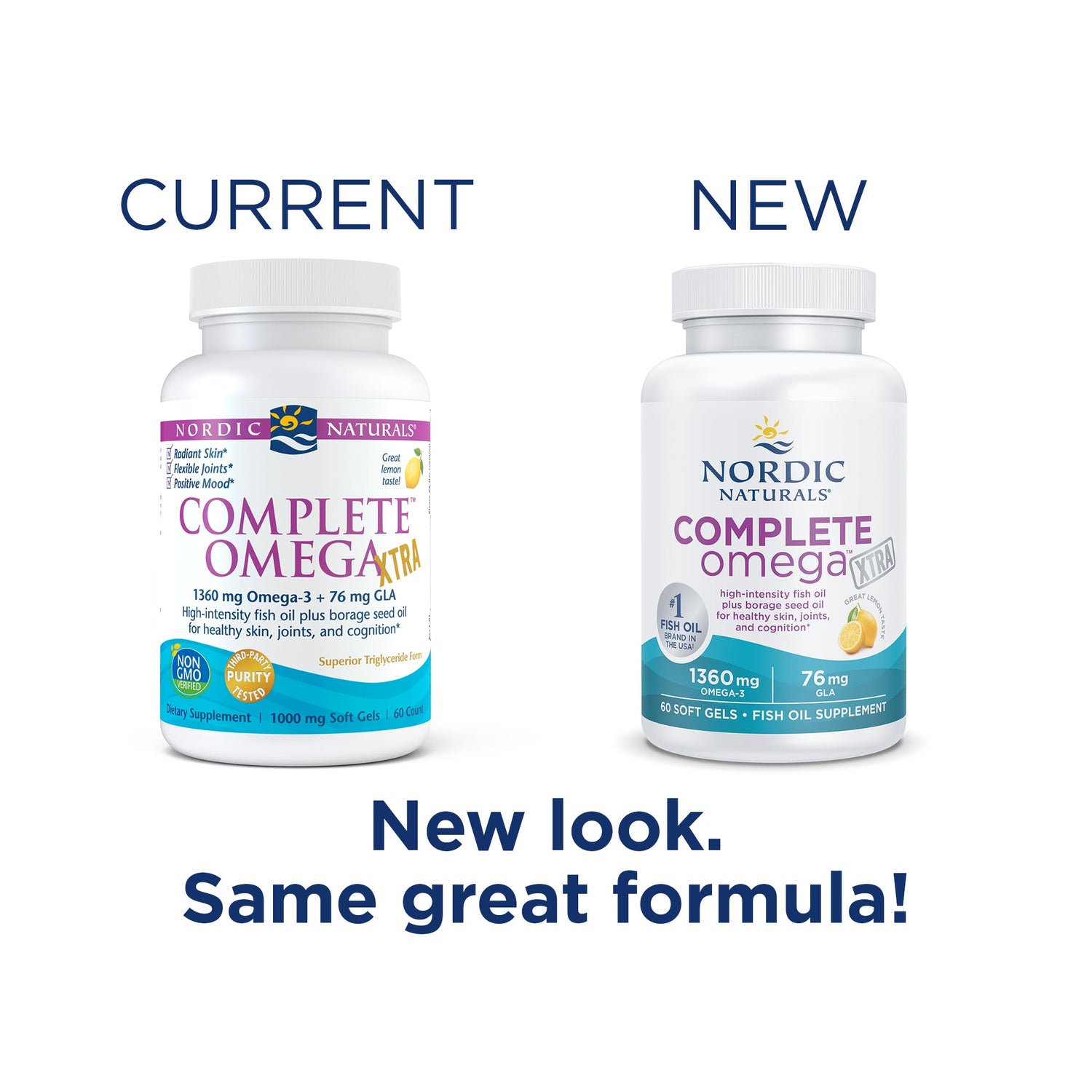 Nordic Naturals Complete Omega Xtra lemon flavor soft gel bottle, 60 count supplement. Old & new packaging