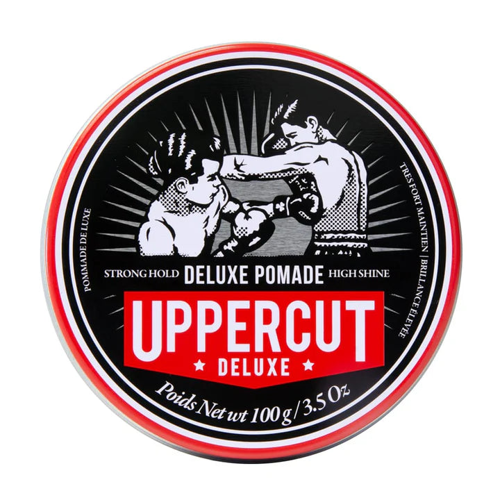 Front image: Uppercut Deluxe Pomade 100g jar strong hold high shine styling product packaging