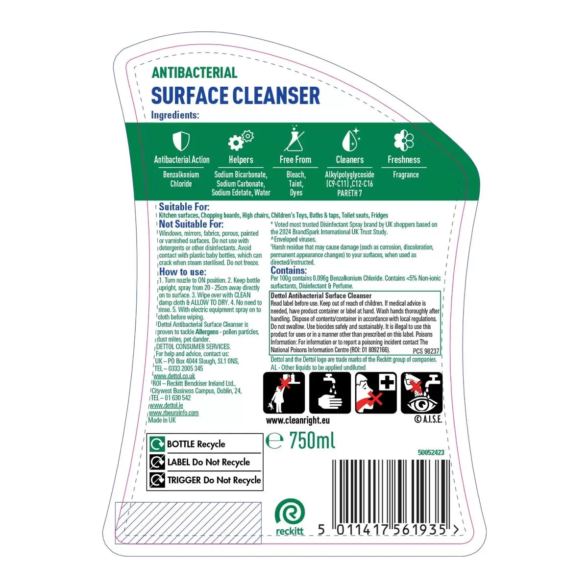 Dettol Antibacterial Surface Cleanser Spray 750ml bottle showing ingredients and product information & barcode