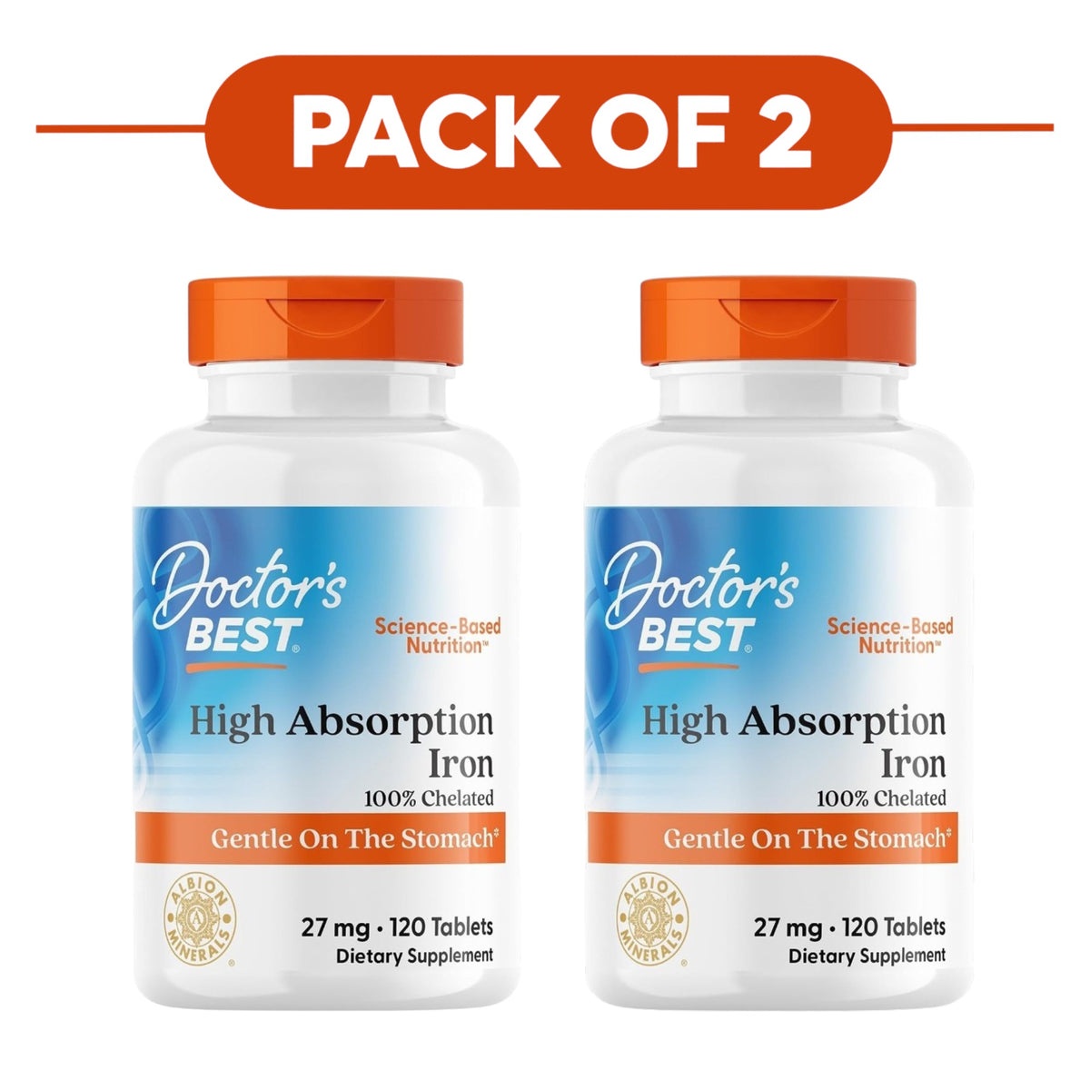 Doctor's Best High Absorption Chelated Iron 27mg 120 Tablets Pack of 2