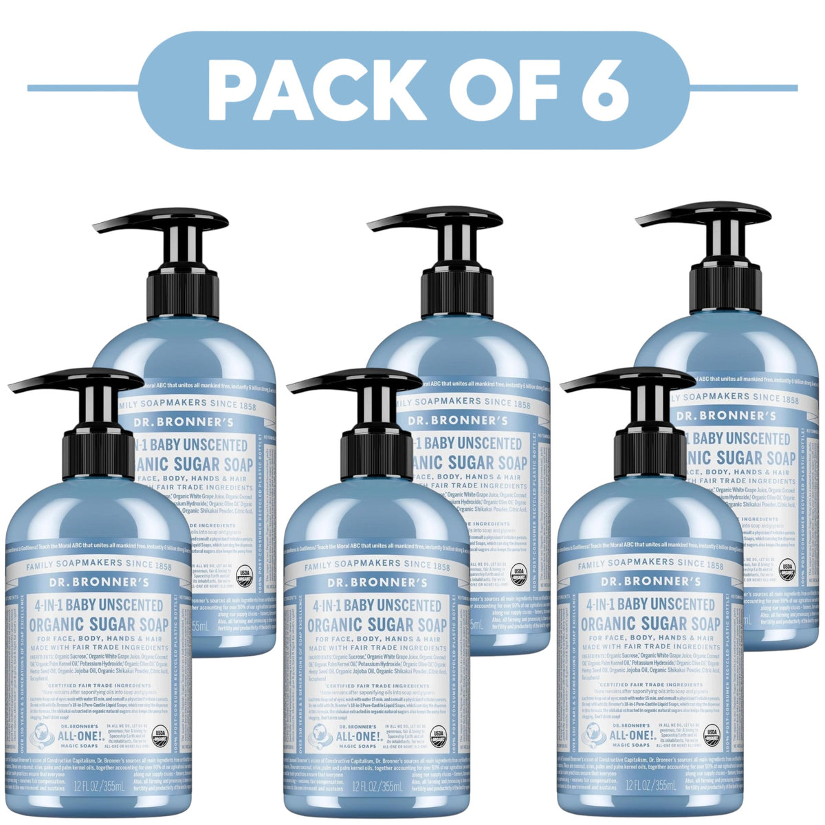 Dr. Bronner's Baby Unscented 4-in-1 Organic Sugar Soap 355ml Pack of 6