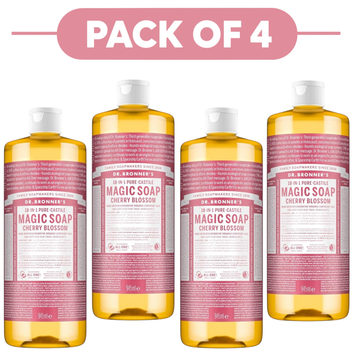 Dr. Bronner's Cherry Blossom 18-in-1 Pure-Castile Liquid Soap 945ml Pack of 4