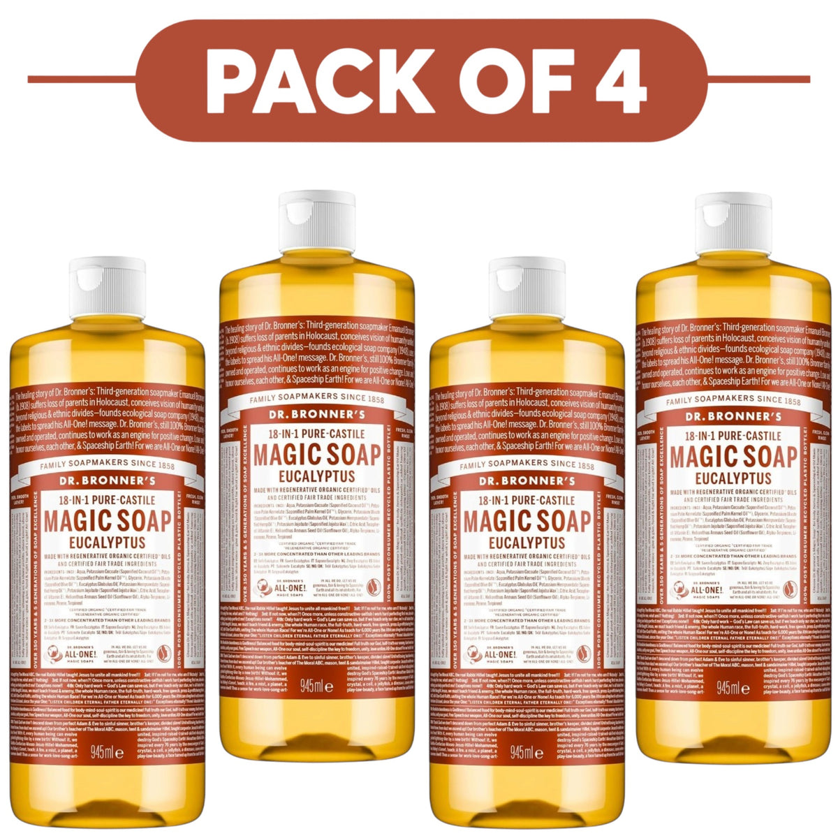 Dr. Bronner's Eucalyptus 18-in-1 Pure-Castile Liquid Soap 945ml Pack of 4