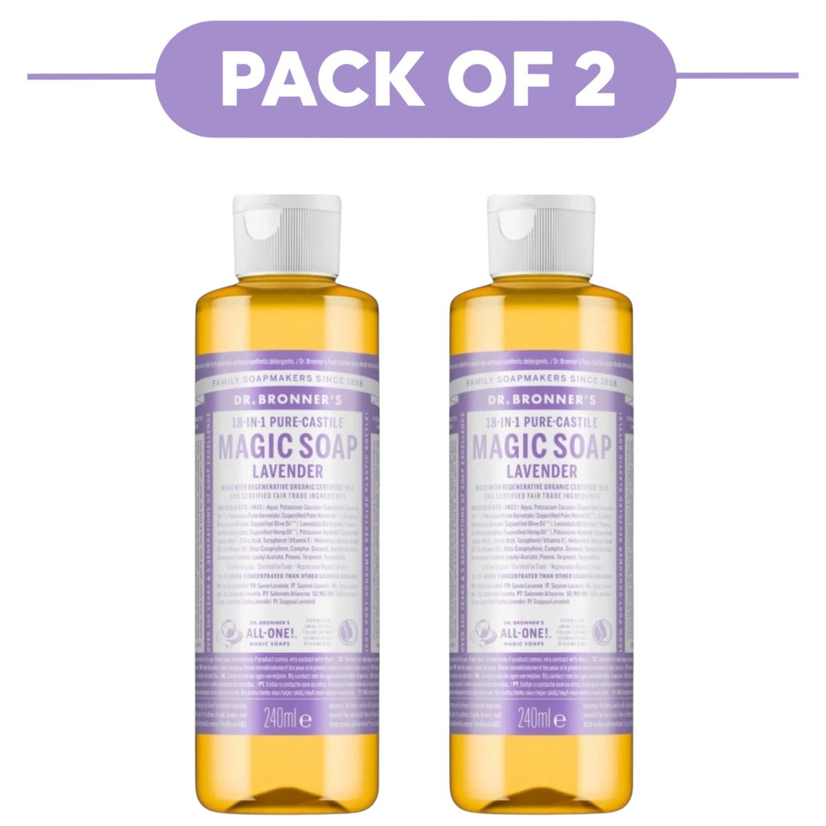 Dr. Bronner's Lavender 18-in-1 Pure-Castile Liquid Soap 240ml Pack of 2