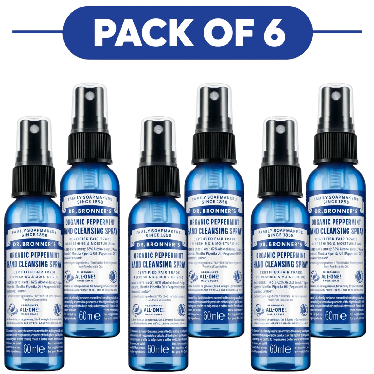 Dr. Bronner's Organic Peppermint Hand Cleansing Spray 60ml Pack of 6