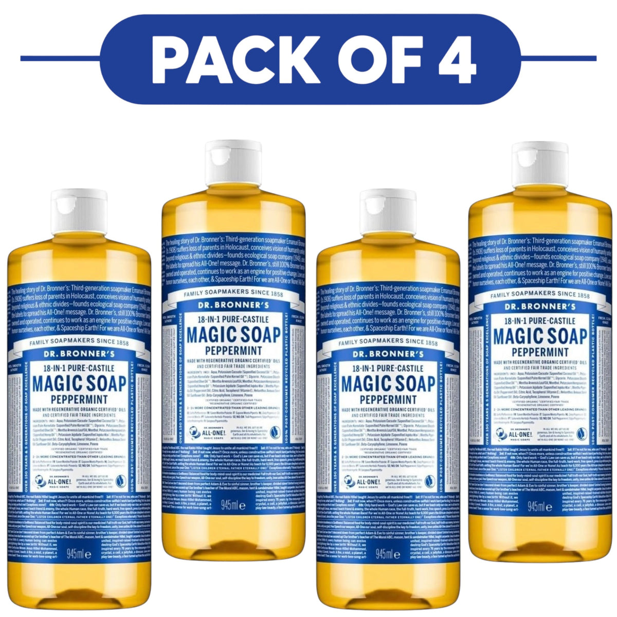 Dr. Bronner's Peppermint 18-in-1 Pure-Castile Liquid Soap 945ml Pack of 4