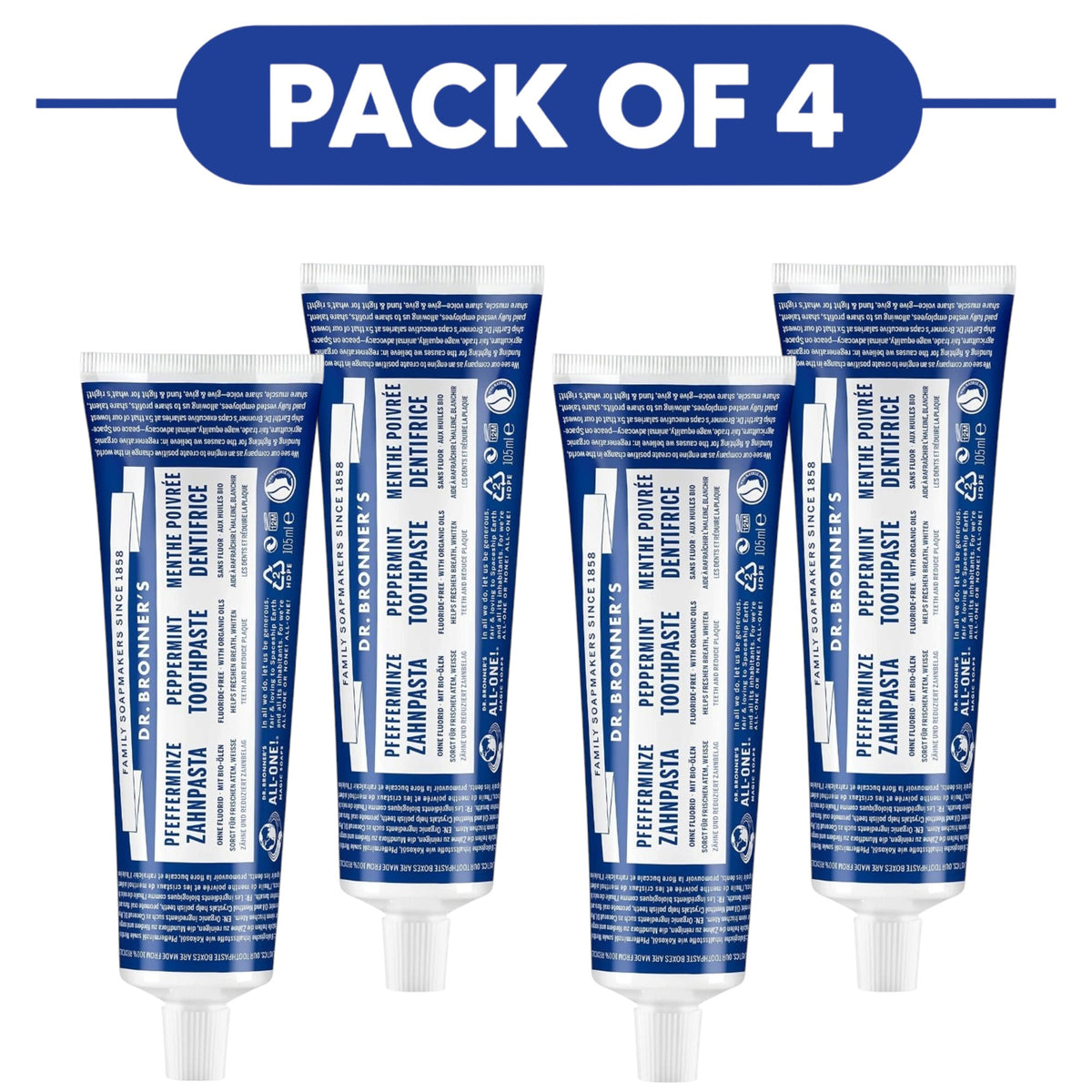 Dr. Bronner's Peppermint Fluoride Free Toothpaste 105ml Pack of 4