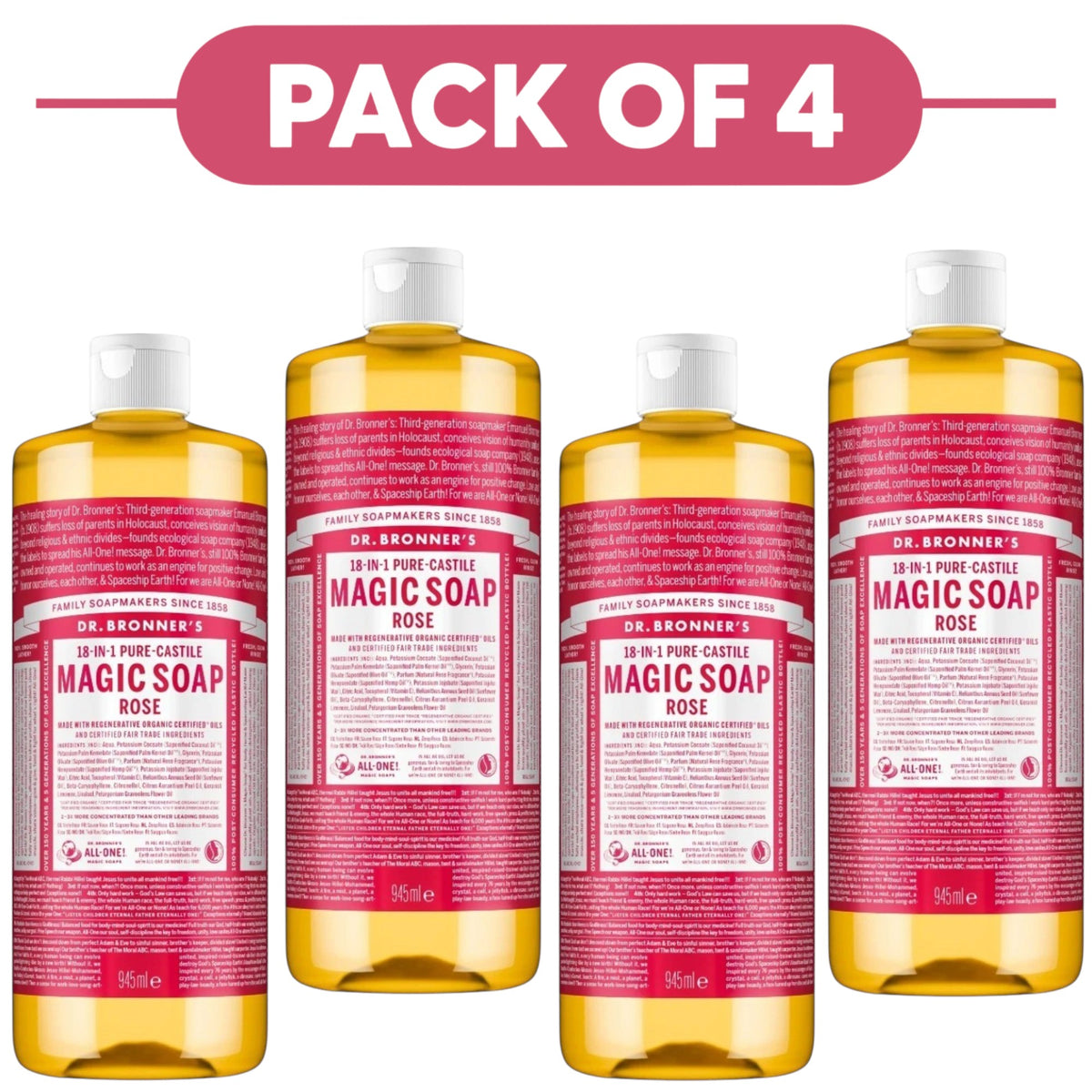Dr. Bronner's Rose 18-in-1 Pure-Castile Liquid Soap 945ml Pack of 4