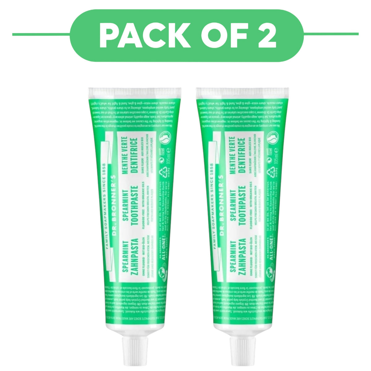 Dr. Bronner's Spearmint Fluoride Free Toothpaste 105ml Pack of 2