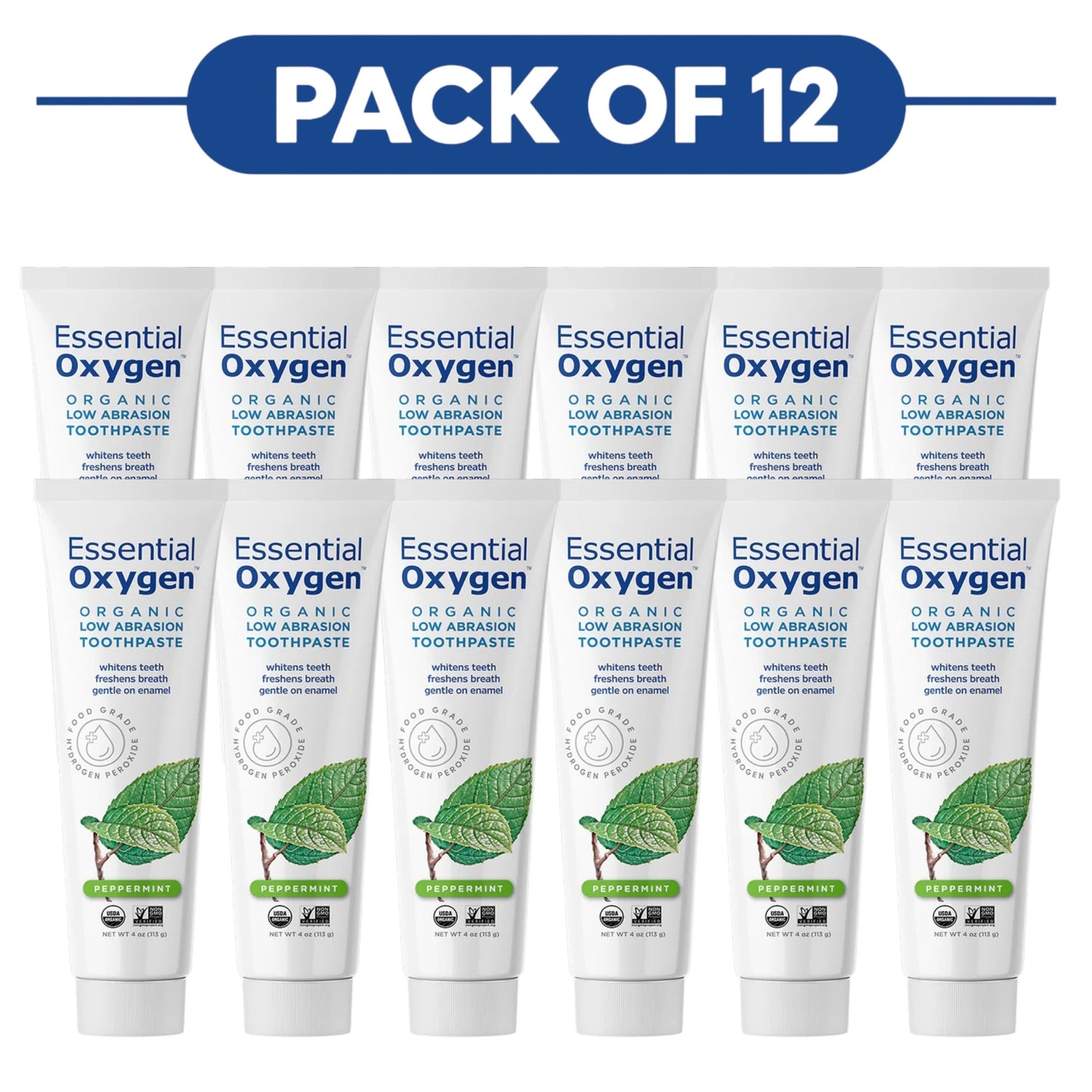 Essential Oxygen Organic Peppermint Low Abrasion Toothpaste 113g Pack of 12