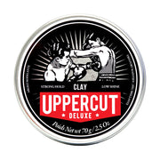 Front image: Uppercut Deluxe Clay Hair Pomade 70g jar matte finish styling clay packaging