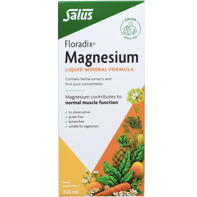 Floradix Magnesium Liquid Mineral Supplement box, 250ml, vegetarian.