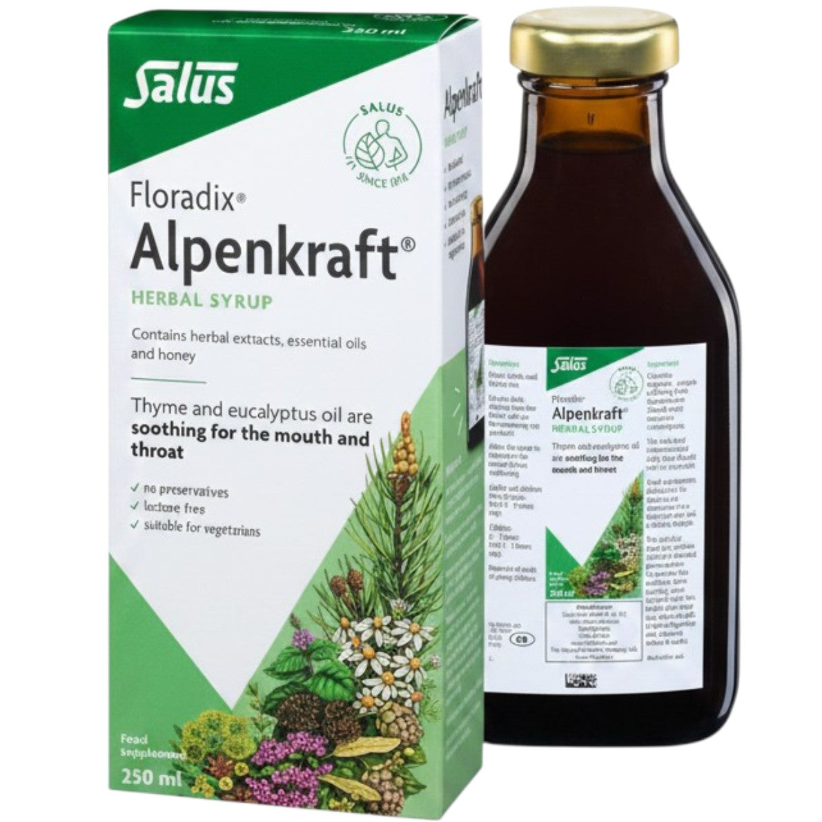 Floradix Alpenkraft Herbal Syrup bottle, box & dosage with honey & thyme, 250ml.