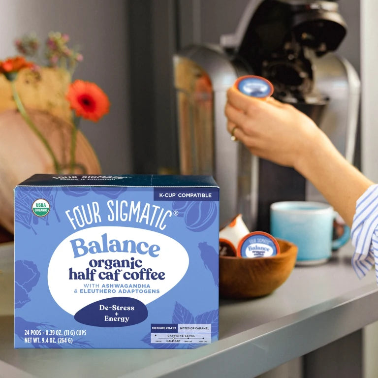 How to Use: A Four Sigmatic coffee pod being inserted into a Keurig brewer.
