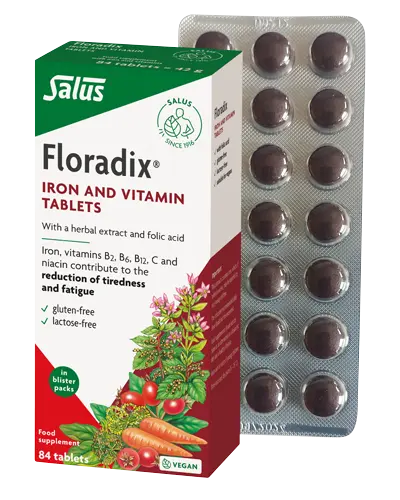 Floradix Iron & Vitamin Tablets box & sachet, vegan, 84 count.