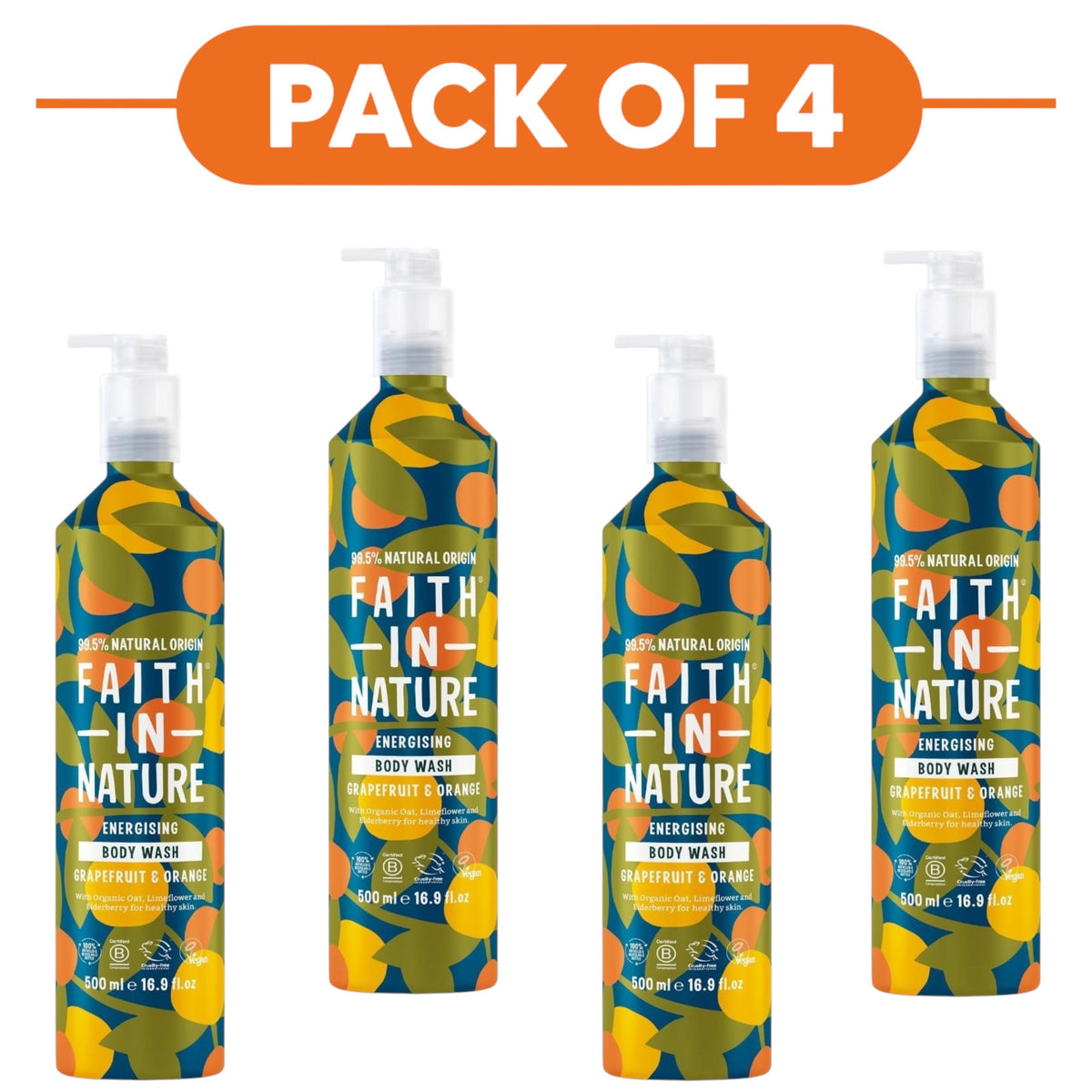 Faith In Nature Grapefruit & Orange Body Wash 500ml Aluminium Bottle Pack of 4