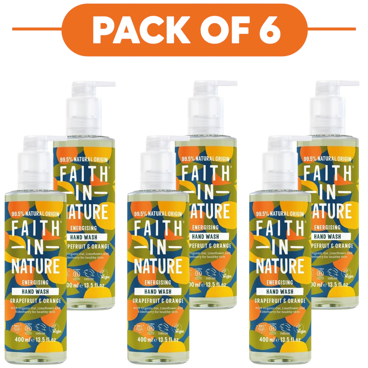 Faith In Nature Grapefruit & Orange Energising Hand Wash 400ml Pack of 6