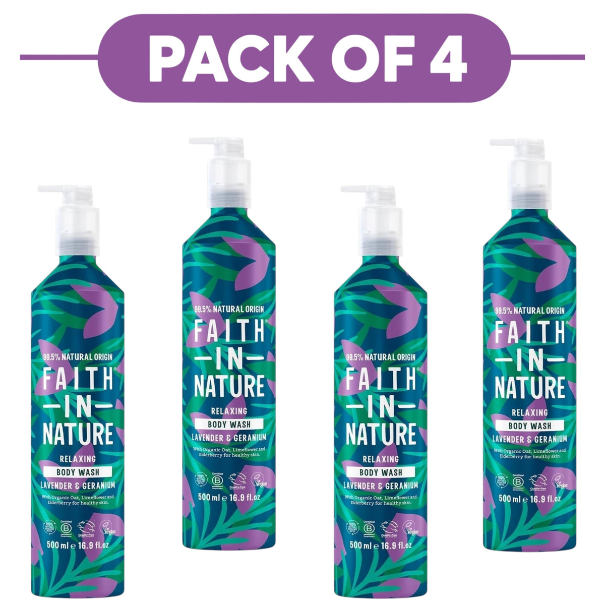 Faith In Nature Lavender Geranium Body Wash 500ml Aluminium Bottle Pack of 4