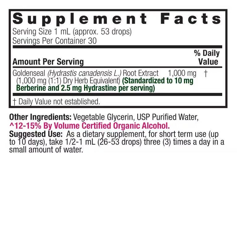 Nature’s Answer Goldenseal Root Liquid Extract 30ml supplement label on a white background.