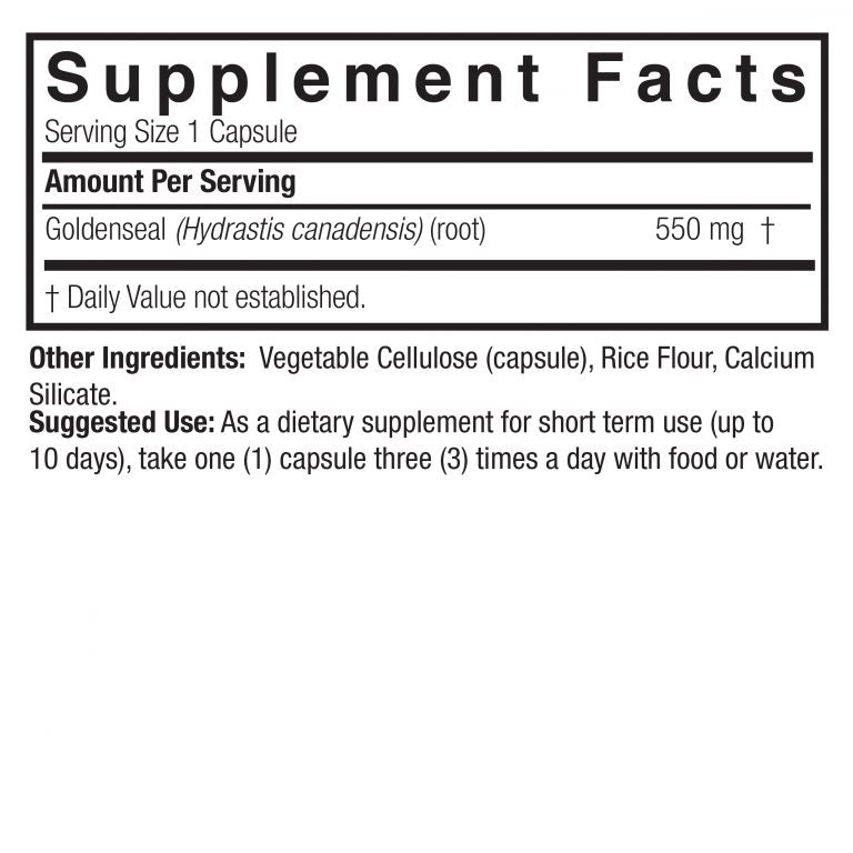Nature’s Answer Goldenseal Root supplement facts 550mg 50 vegetarian capsules back label on a white background