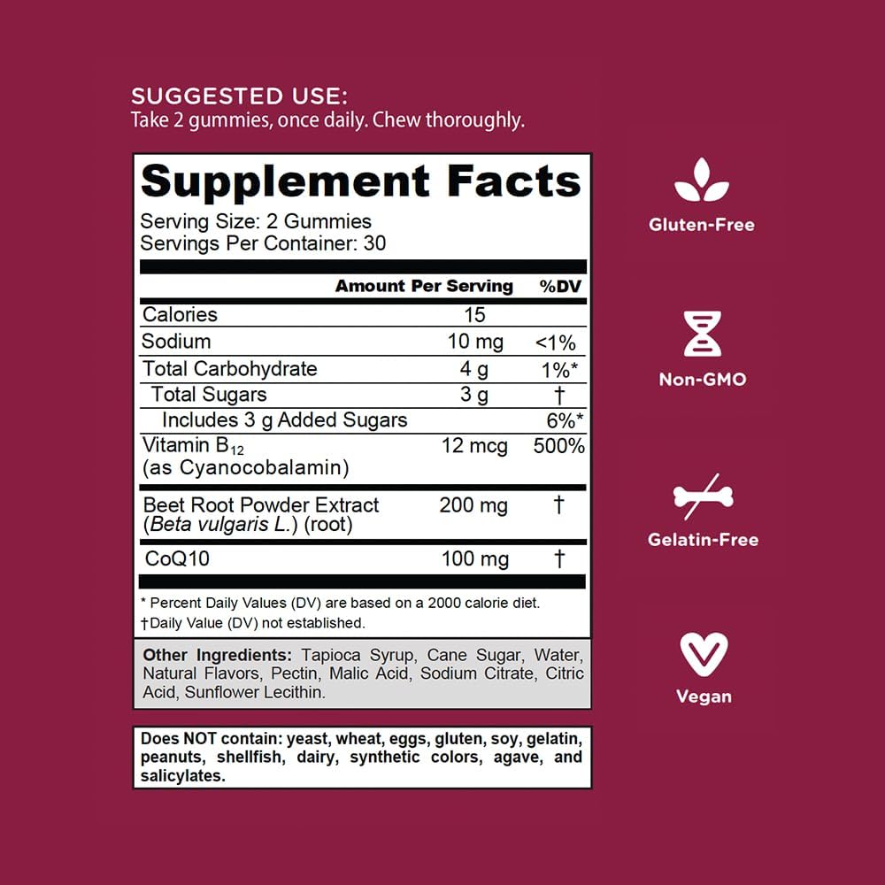 Supplement Facts & Ingredients Image: Goli Beets Cardio Gummies ingredient label 60 gummies