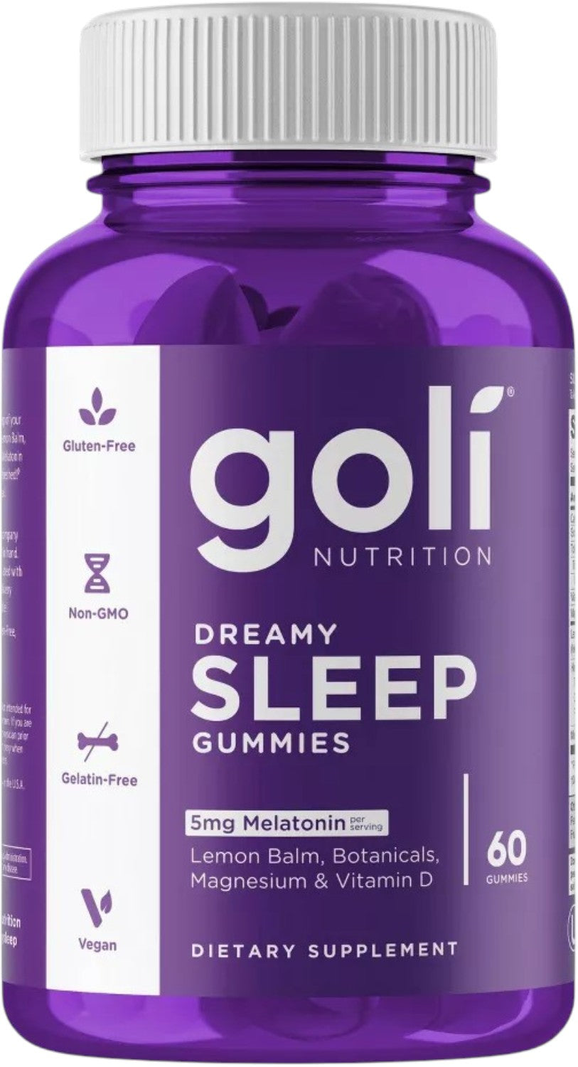 Front Image: Goli Nutrition Dreamy Sleep Gummies 5mg melatonin bottle 60 count