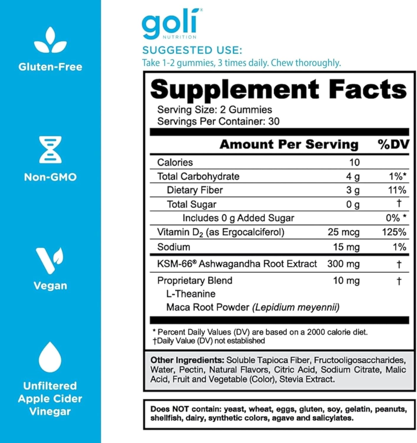 Supplement Facts & Ingredients Image: Goli Ashwagandha Plus Gummies ingredient label 60 gummies
