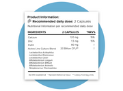 Supplement facts panel showing probiotic strains and CFU count.