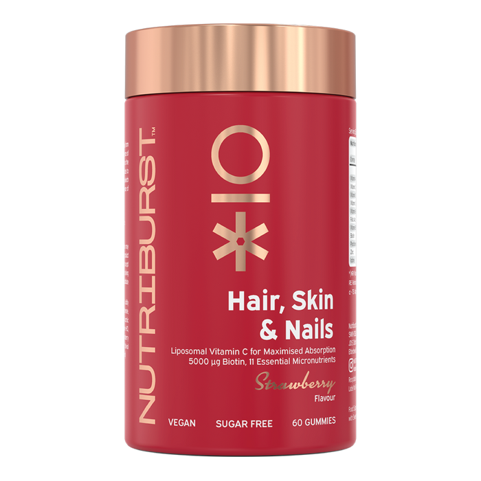 Nutriburst Hair Skin and Nails Gummies bottle, sugar-free vegan supplement with biotin.