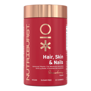 Nutriburst Hair Skin and Nails Gummies bottle, sugar-free vegan supplement with biotin.
