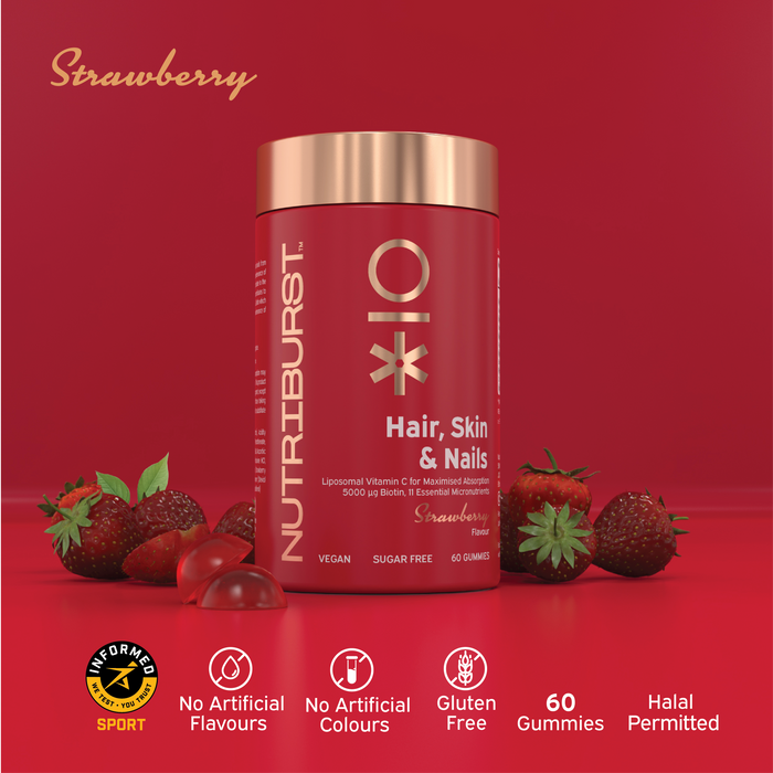 Nutriburst Hair Skin and Nails Gummies bottle, sugar-free vegan supplement with biotin.