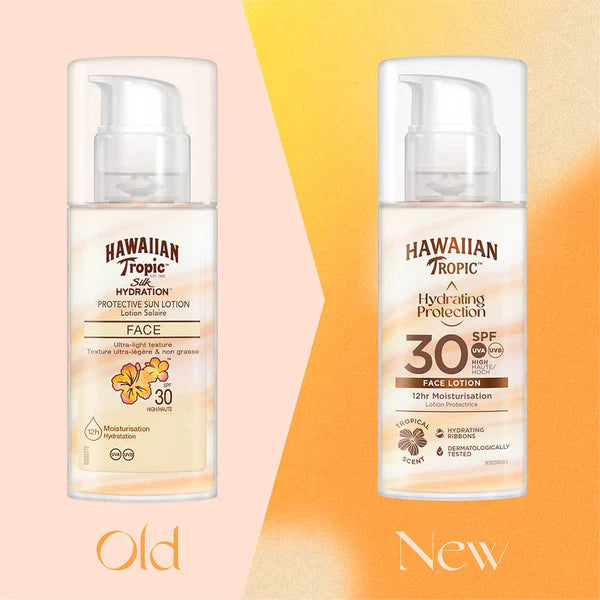 Hawaiian Tropic Hydrating Protection SPF30 Face Sunscreen pump bottle 50ml old & new