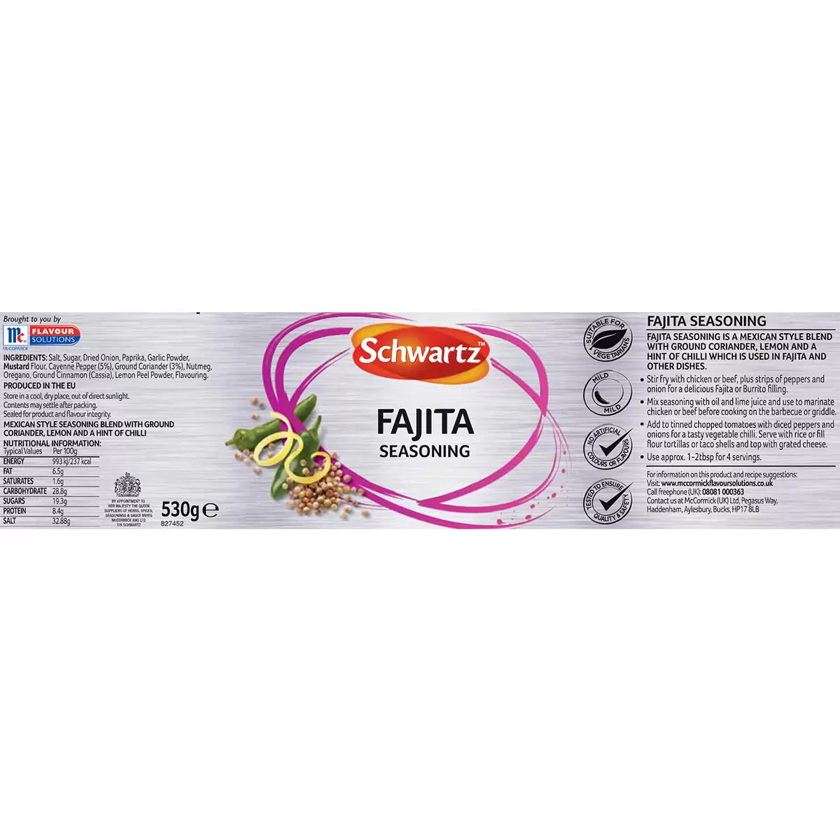 Supplement facts & ingredients image: Schwartz Fajita Seasoning ingredient information packaging 530g