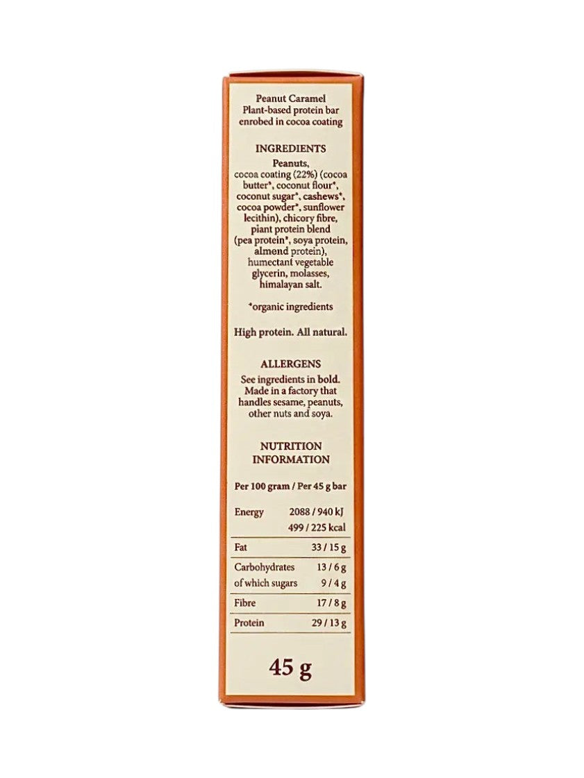 Origin Peanut Caramel Vegan Protein Bar ingredients and nutrition 45g