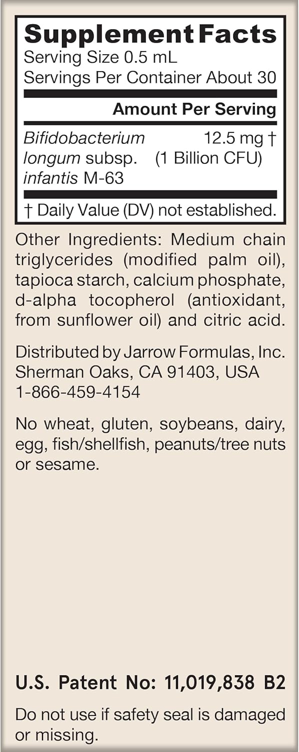 Supplement Facts Image: Jarrow Formulas Jarro-Dophilus Infant probiotic supplement facts ingredients 15ml 1 billion CFU